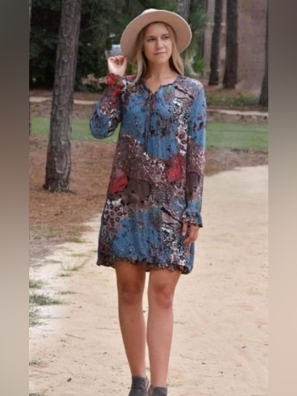 Kaktus Abstract Artsy Boho Bell Sleeve Crinkle Tiered Midi Dress Small